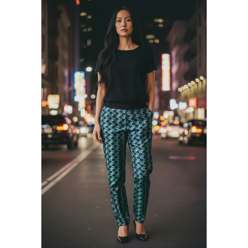 Lafayette 148 Petite Teal Geometric Jacquard Tapered Ankle Pants‎ Size 8P